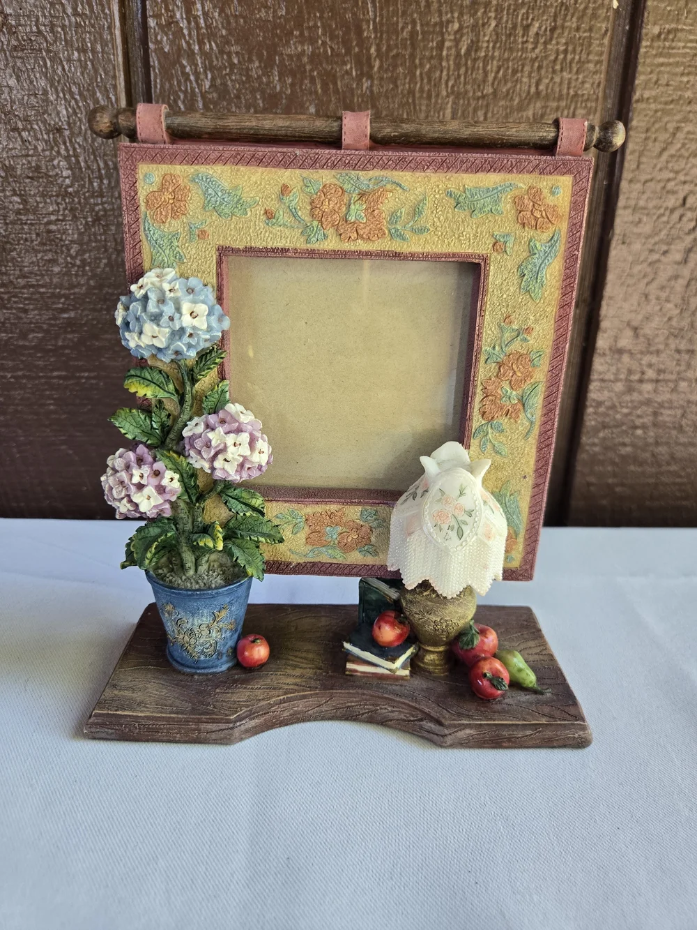 Floral Victorian Lamp Picture Frame with Hydrangea Planter, Fruit and Books